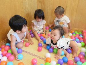 写真：部屋の一角に大量のミニボールを広げて遊ぶ子どもたち