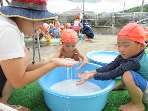 写真：4歳児1人と3歳児1人と保育士1人がタライの中の水溶き片栗粉を触っています。