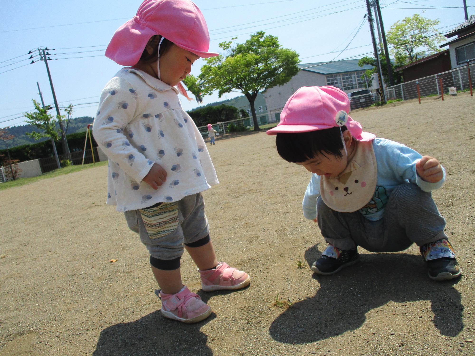 写真：1人は地面にしゃがみ込み、もう1人の子どもは立ったまま、土の上を歩く虫を眺めているところ