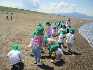 5歳児が波打ち際で貝殻を探している写真
