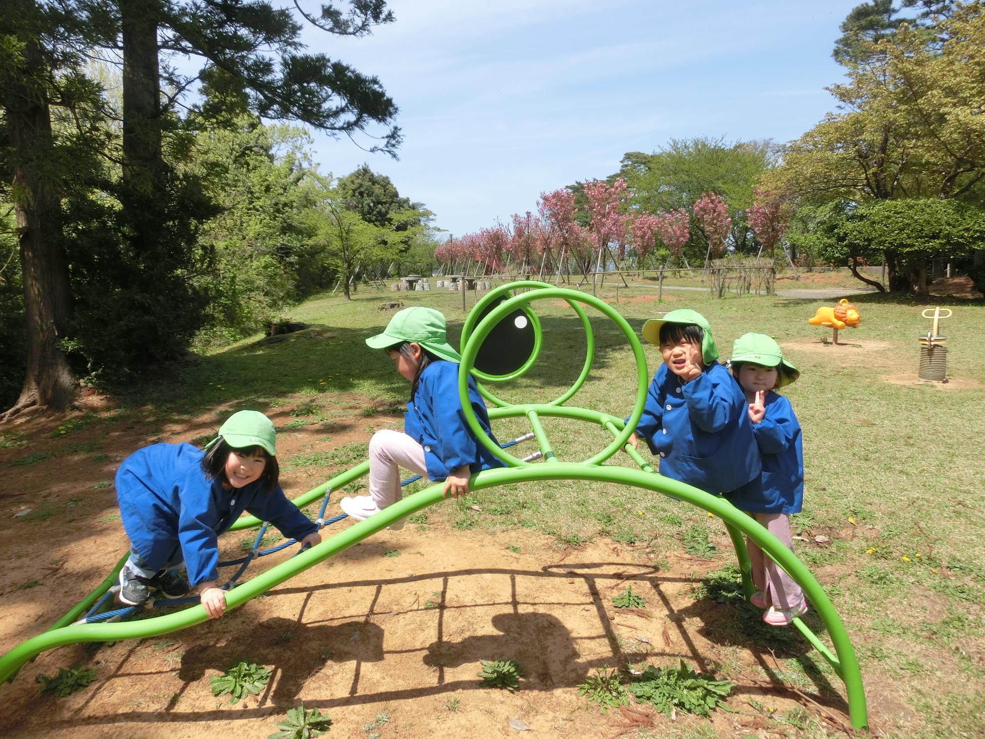 写真：くま組の子どもたちがぐにゃりと曲がった赤坂山公園の遊具で遊んでいる様子