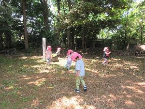 写真：神社の広場で駆けまわったり、地面の様子を気にしたりしている子どもたち