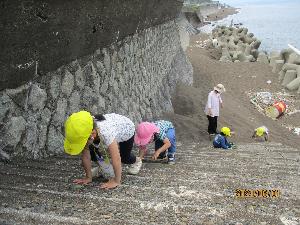写真：海が見える砂浜脇の急な坂を手をつきながら登る子どもたち