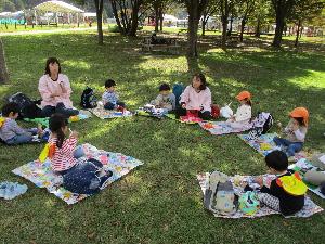 芝生にシートを広げ弁当を食べる2歳児の写真