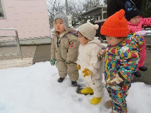 写真：雪遊び用のジャンプスーツに毛糸の帽子をかぶり、雪を見て喜んだり不思議そうにしたりしている子どもたち。