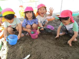 写真：バケツやシャベルで砂をすくったり穴を掘ったりする2歳児4人