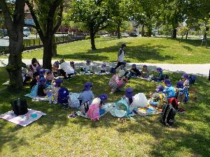 写真：公園の木陰にレジャーシートを広げ、園児がお弁当を食べています