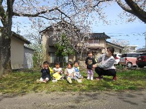 写真：りす組5人の子どもたちが桜の木の下で写真を撮っているところ