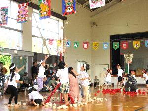 写真：紅白に分かれ、園児が玉入れをしています。かごに向かって思い切り腕を伸ばしている子どもたちの姿がかわいらしいです。