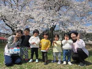 写真：満開の桜の木の下でポーズをとるうさぎ組の子どもたち