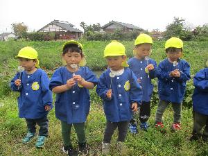 写真：散歩中に見つけた綿毛を1つずつ持ち、子どもたちが思い切り吹いています