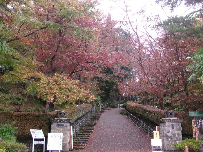 写真：11月17日の松雲山荘正面入口。雨に濡れ紅葉がしっとりしています