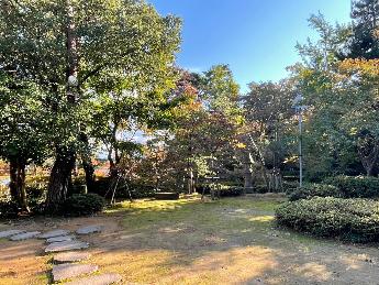 写真：松雲山荘右上の広場。写真中央に赤く色づき始めた木がありますが、ほとんどが青葉です。