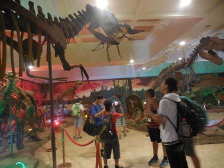 恐竜の博物館で大きな恐竜の化石が展示され、皆で見入っている様子の写真