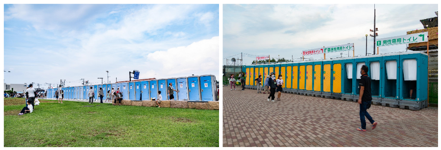写真：潮風公園の芝生広場に設置された仮設トイレと有料観覧席周辺に設置された仮設トイレ（2022年開催時）