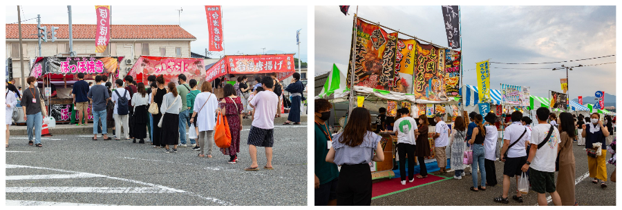 写真：花火会場周辺に並んだ屋台にたくさんのお客さんが並んでいます（2022年開催時）