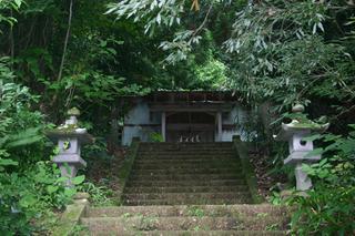 たくさんの緑の木々に囲まれ石の階段を上ると正面に建っている飯綱社本殿の写真