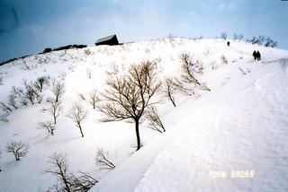 3月に水場付近から撮影、雪もかなり少なくなった米山山頂の写真。