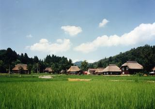 青空の下、稲穂の向こうにかやぶきの家が数軒写る荻ノ島集落の写真