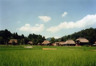 青々とした田んぼの奥に茅葺き屋根の民家がある農村景観百選「荻ノ島」の写真