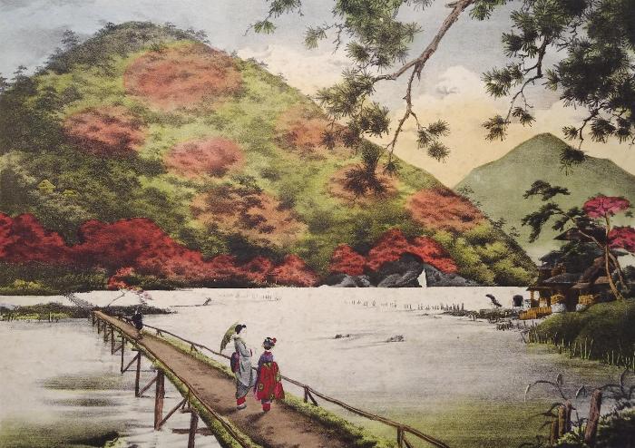 写真：紅く色づき始めた嵐山が描かれた石版画の写真