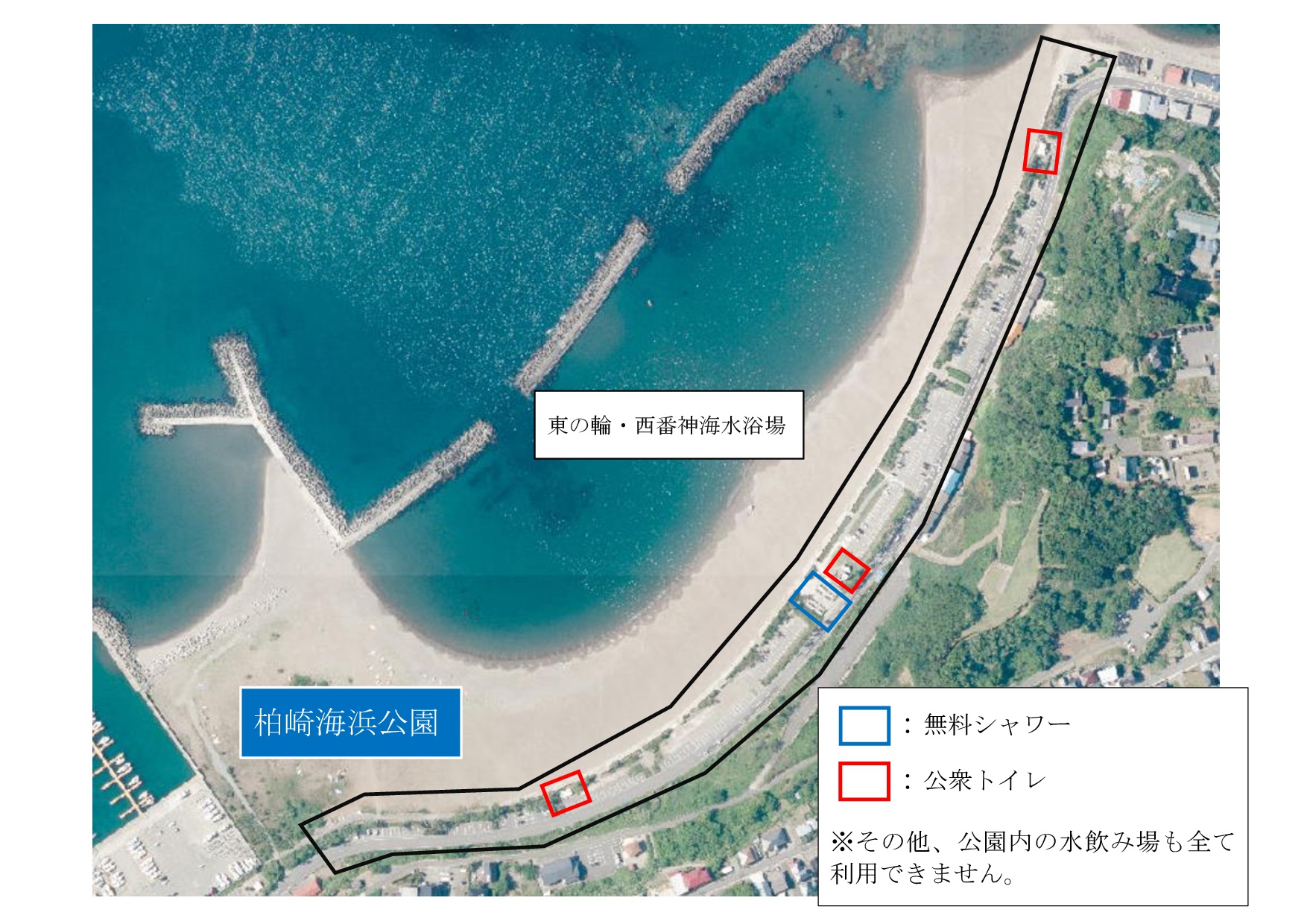 柏崎海浜公園のシャワー、トイレ、水飲み場が利用停止の図面