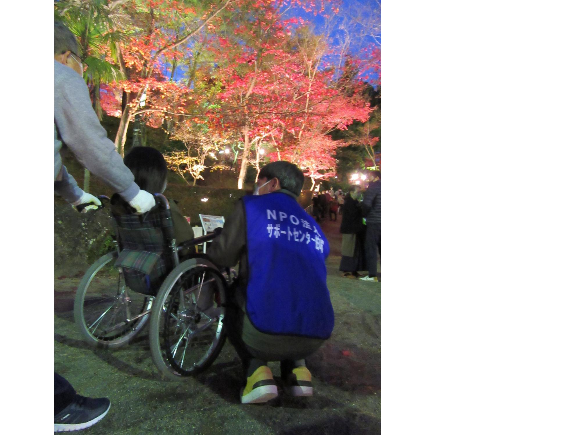 松雲山荘を散策する車椅子利用者と青いゼッケンを着た旅サポーター