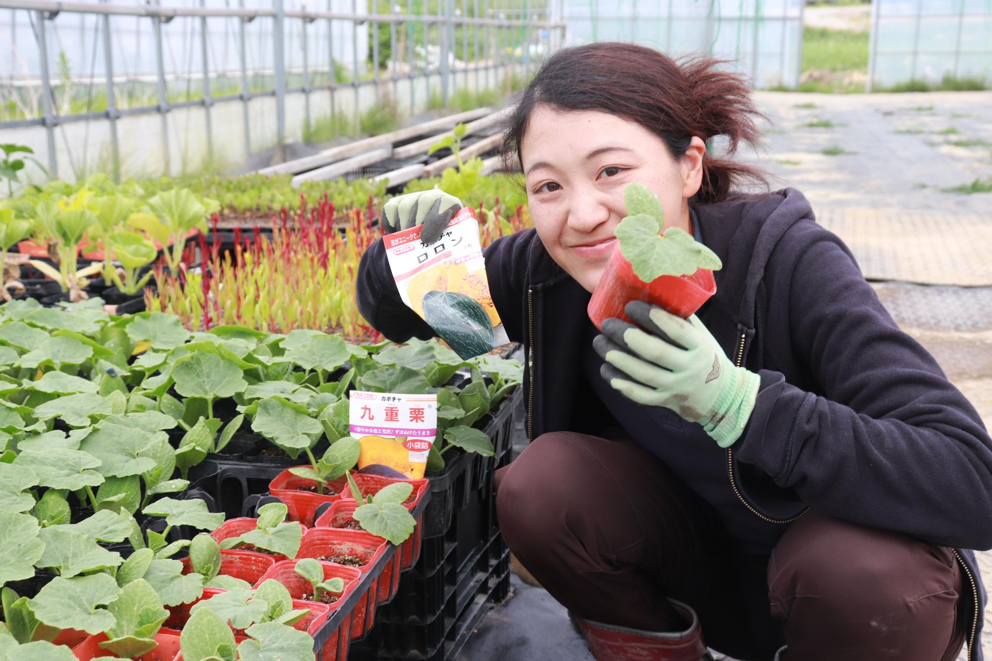 写真：真貝さんが野菜の苗をもっている様子です