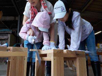 写真：木材加工場で、参加した親子が、材木にしるしをつけたり、のこぎりを使って切ったりする作業をしています