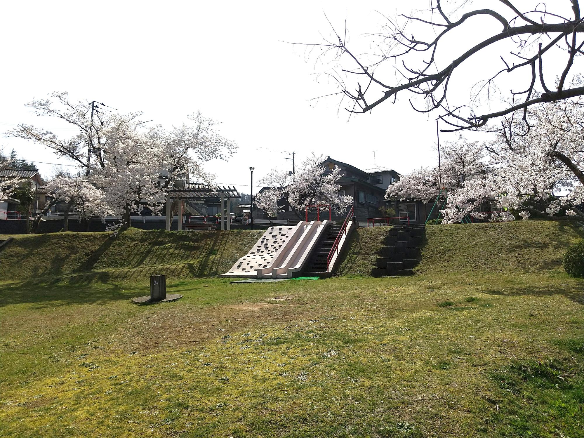 写真：公園内の段差を利用して滑り台や階段などが設置された公園前景