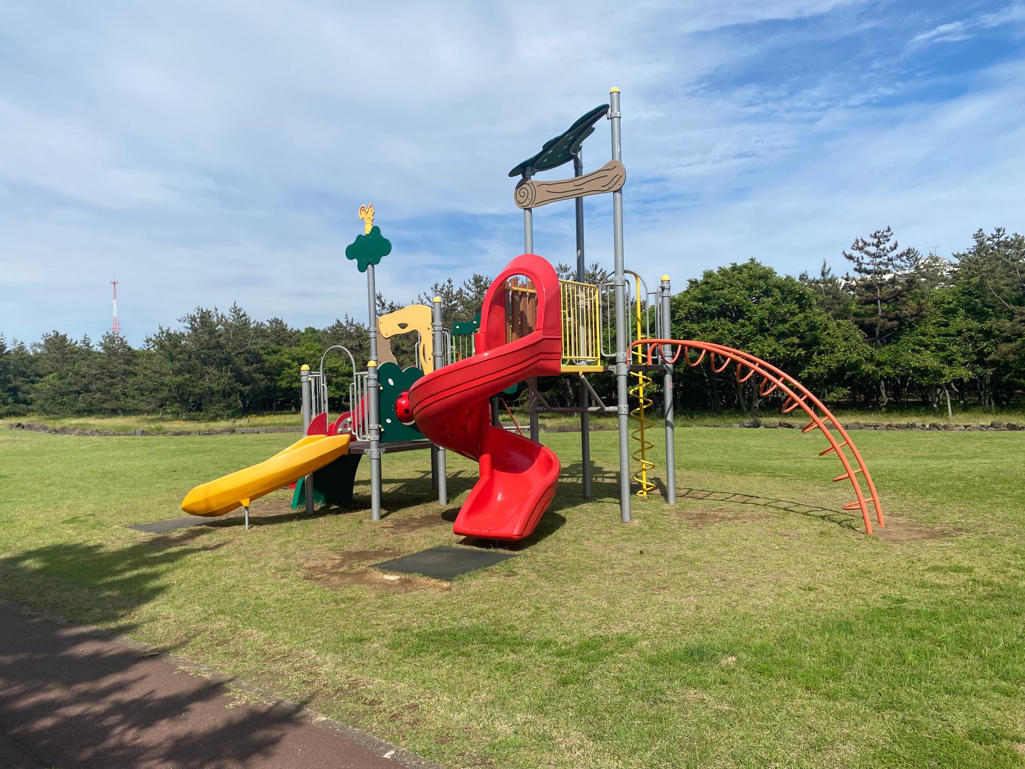 写真：小学生用の複合遊具。2種類の滑り台がついています