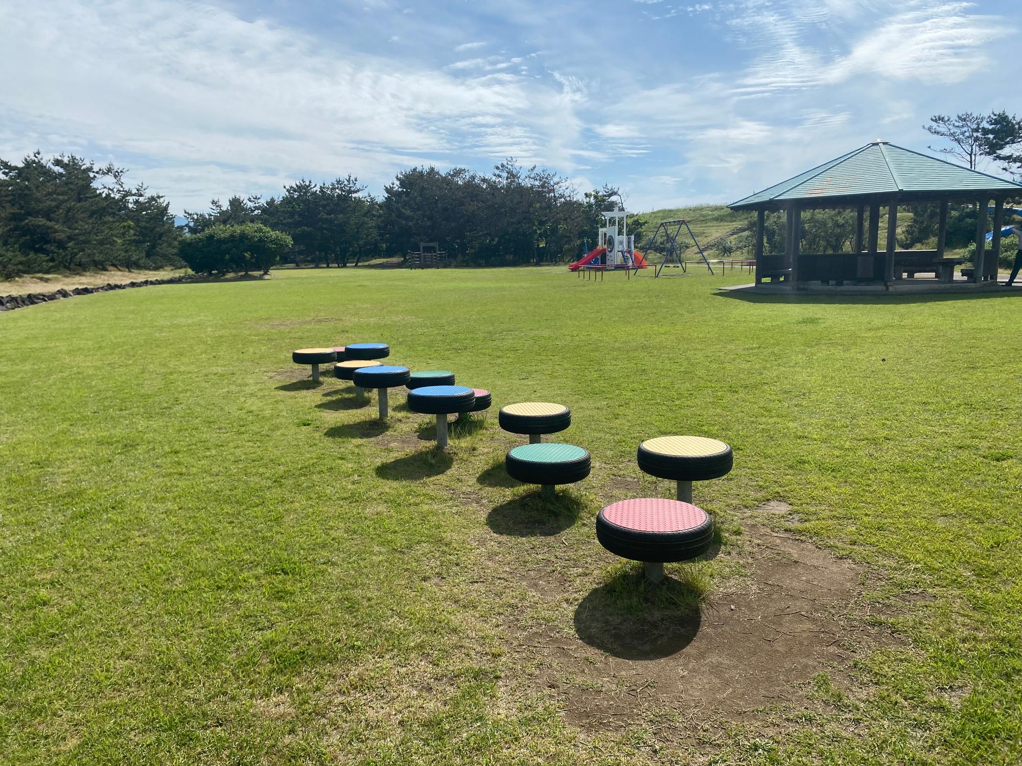写真：タイヤを横にしたよう遊具で、高さを変え順番に進めるようになっています。