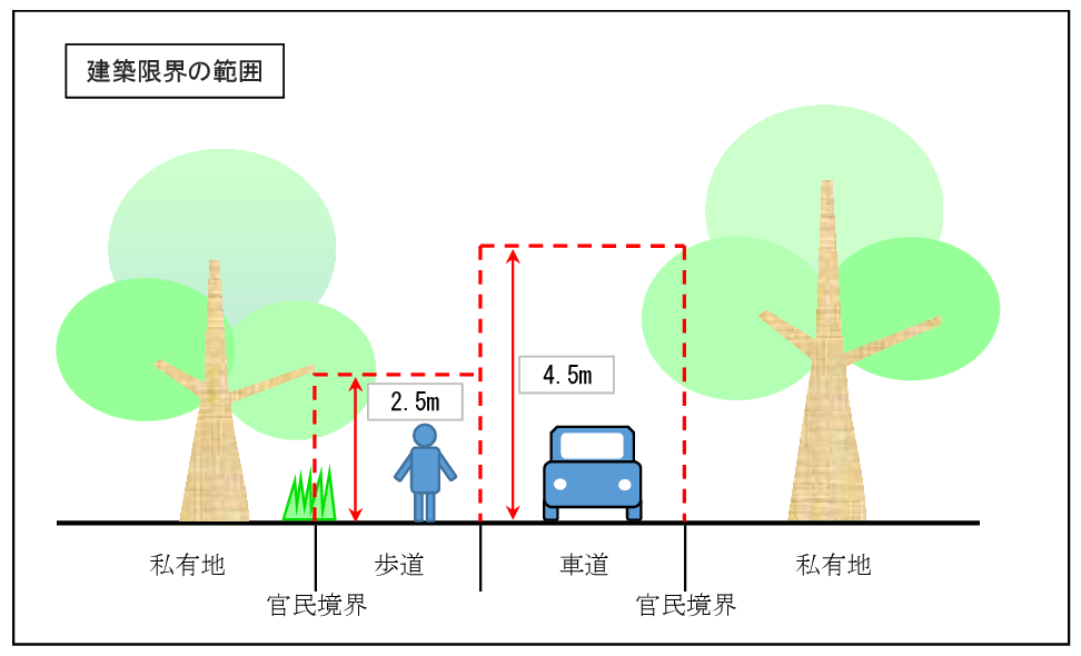 建築限界を示した図。境界からはみ出した竹木は、歩道上2.5メートル以下・車道上4.5メートル以下の範囲が建築限界です