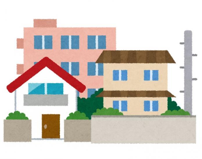ピンク色のビル、茶色い屋根とベージュ色の壁の二階建ての家、赤い屋根と白い壁の二階建ての家のイラスト