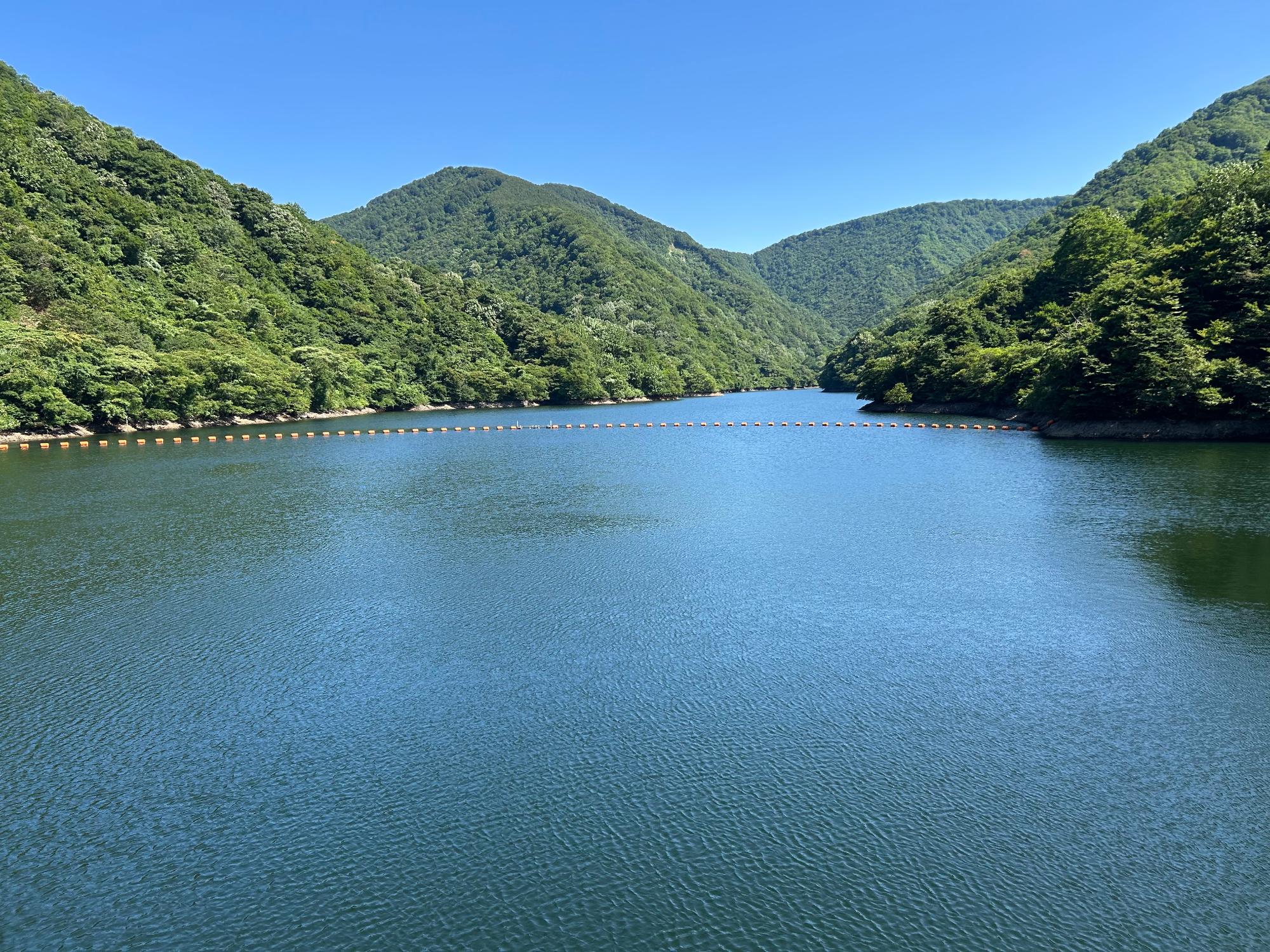 十分な水量をたたえた赤岩ダムの写真。