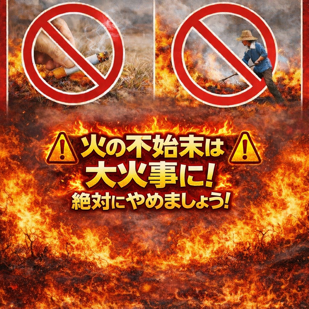野焼き、たばこの投げ捨て禁止のイメージポスター。火のついたままの投げ捨てられたたばこと野焼きをする人の写真の上に禁止マークがついています