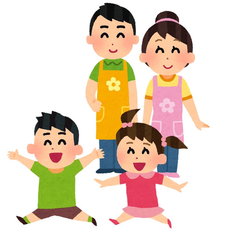 イラスト：保育士に見守られて2人の子どもが走り回っている