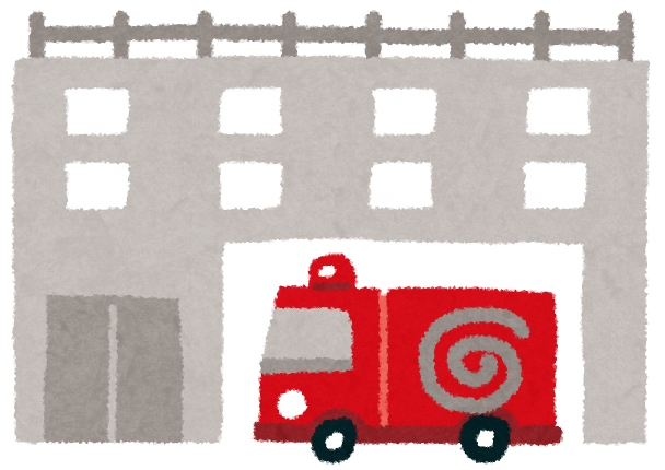 イラスト：消防署の建物と赤い消防車