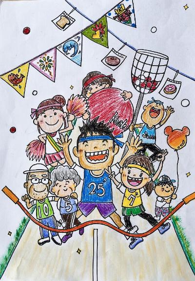 市民大運動会のポスター原画最優秀作品の画像。大玉を持った人や笑顔で走る人、パンを取ろうとしている人などが描かれた楽しそうな絵画です