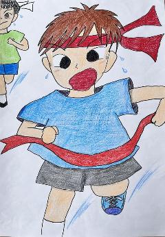 ポスター原画の優秀作品2の画像。赤いはちまきを巻いた男の子が汗をかきながら一生懸命走っています