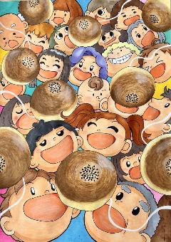 ポスター原画の優秀作品3の画像。ぶら下がるパンを大きな口を開けながら笑顔で見上げる老若男女の顔が描かれています