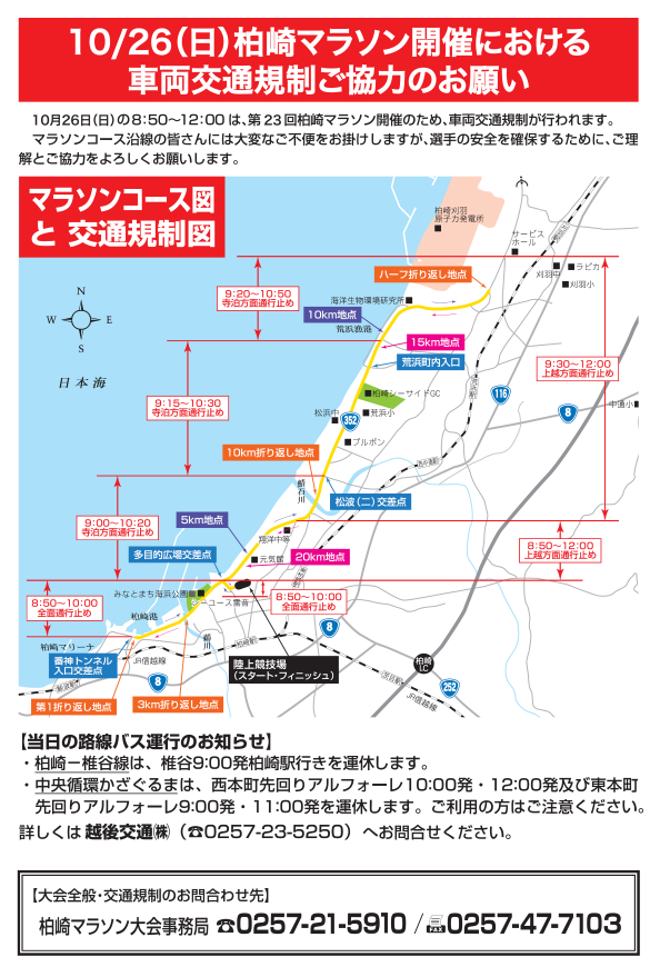 柏崎マラソンの交通規制図。柏崎港から柏崎刈羽原子力発電所までの道路が時間により通行止めになります