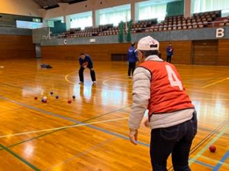 写真：男性が投球し、スポーツ推進委員が次に何色のチームが投球するのか判定する様子