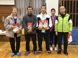 写真：フレンドクラスで優勝したチームの記念撮影の様子。景品のお米を手に持っています