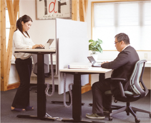 写真：上下昇降デスクで立って仕事をする女性従業員と座って仕事をする男性従業員