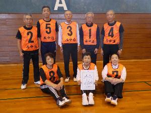 写真：優勝した西中通チーム。チーム名が印字されたオレンジ色のビブスを着ています。