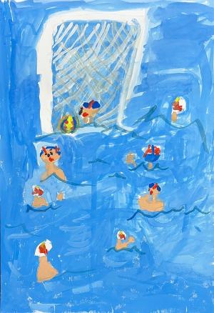 優秀賞：男子の試合の様子。8人の選手による攻防が描かれた作品