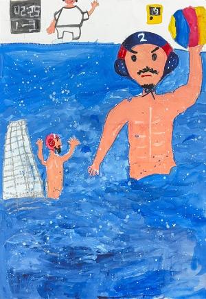 優秀賞：男子の試合の様子。ゴールキーパーとプレーヤーの1対1の攻防を描いた作品