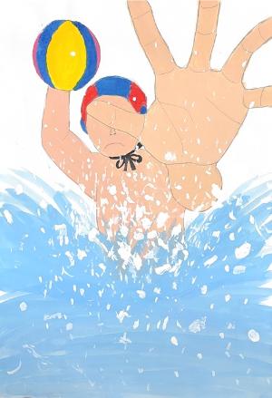 優秀賞：男子選手がボールを投げる様子が描かれた作品。