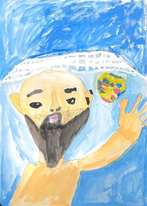 優秀賞：ブルボンウォーターポロクラブ柏崎のゴールキーパー、棚村克行選手を描いた作品